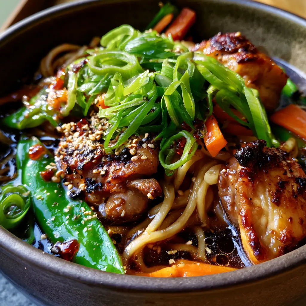 Asian Dinner Ideas: Glossy Soy-Ginger Noodles with Charred Chicken Thighs 2 Extreme macro close-up of thick wheat noodles drenched in glossy dark umami sauce for Asian dinner ideas.