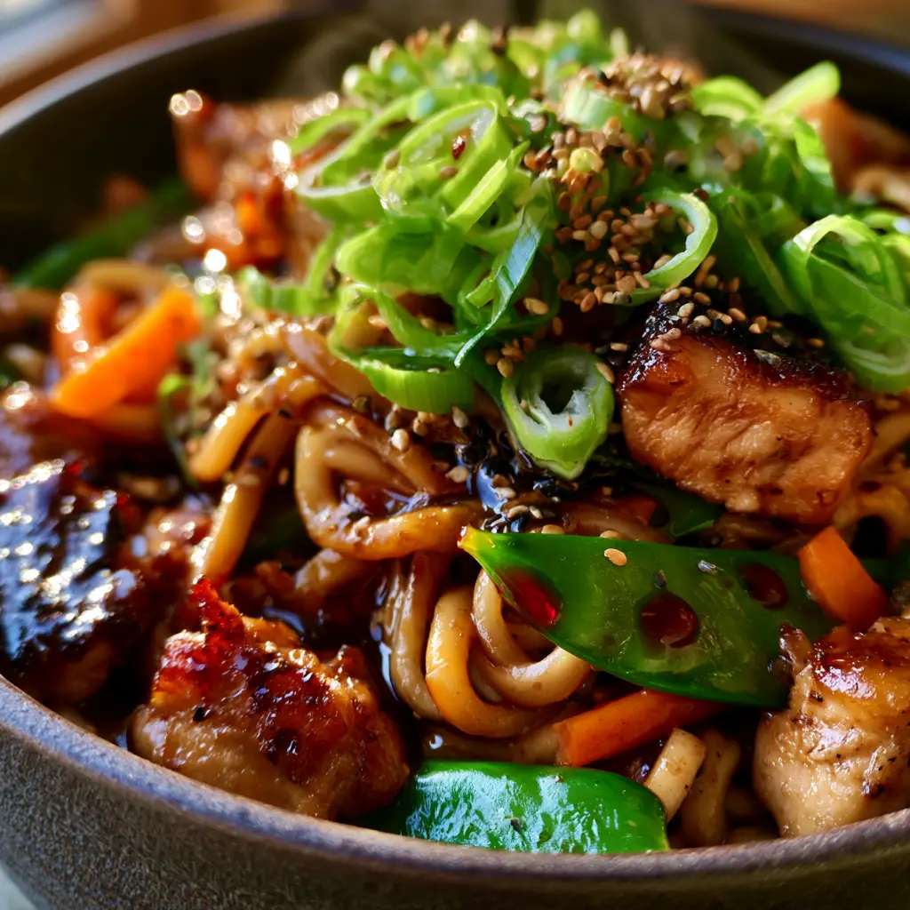 Asian Dinner Ideas: Glossy Soy-Ginger Noodles with Charred Chicken Thighs 1 Close up of seared chicken thigh pieces with char marks and vibrant snap peas in a stir fry.