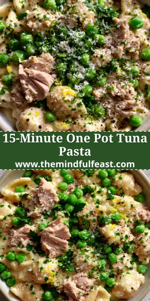Creamy Parmesan Tuna Pasta with Lemon and Bright Peas 3 A top-down angled shot of Creamy Parmesan tuna pasta in a shallow ceramic bowl with vibrant green peas, pink tuna flakes, and micro-planed parmesan garnish.