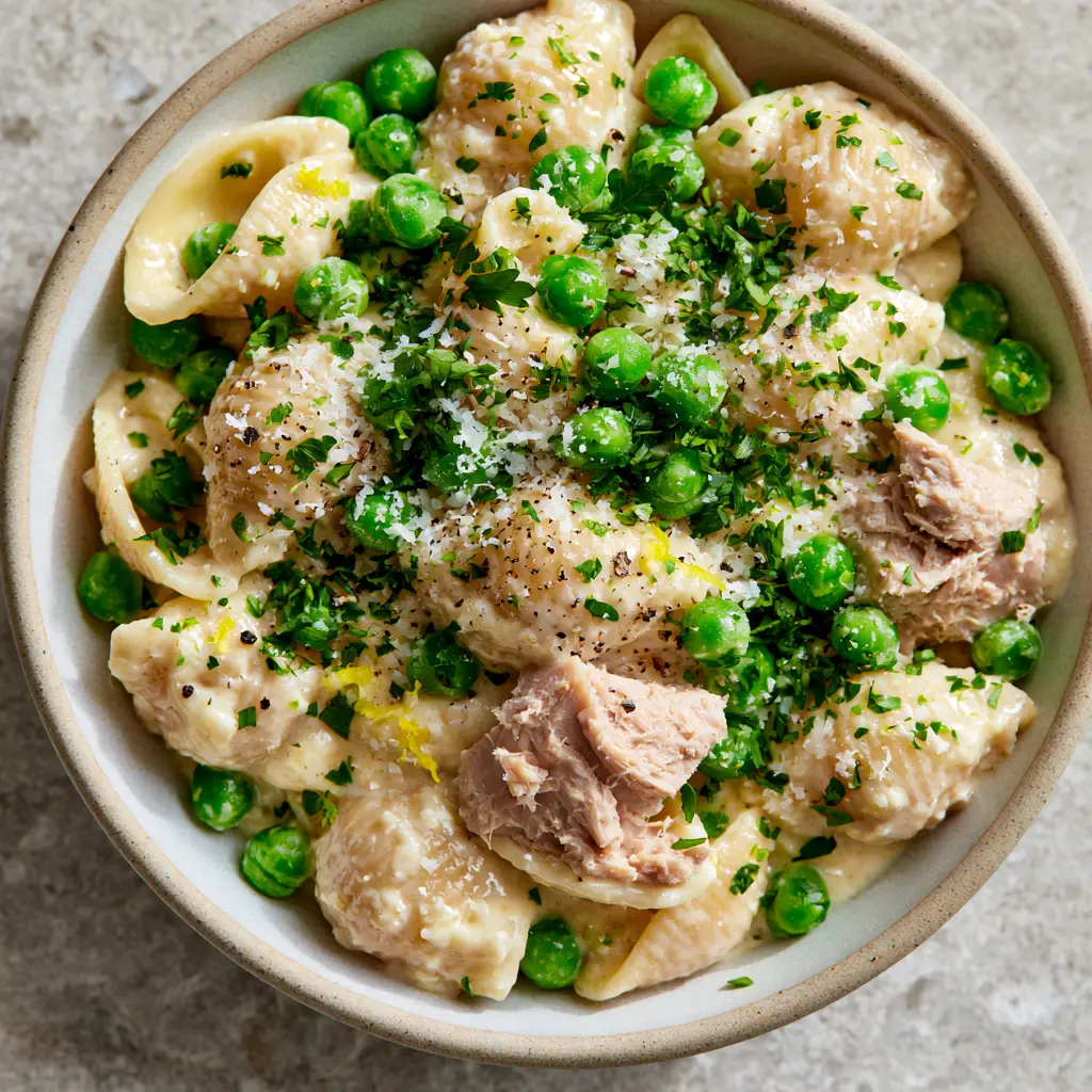 Creamy Parmesan Tuna Pasta with Lemon and Bright Peas 2 Close-up of Creamy Parmesan tuna pasta shells coated in thick glossy ivory sauce with lemon zest and cracked black pepper.
