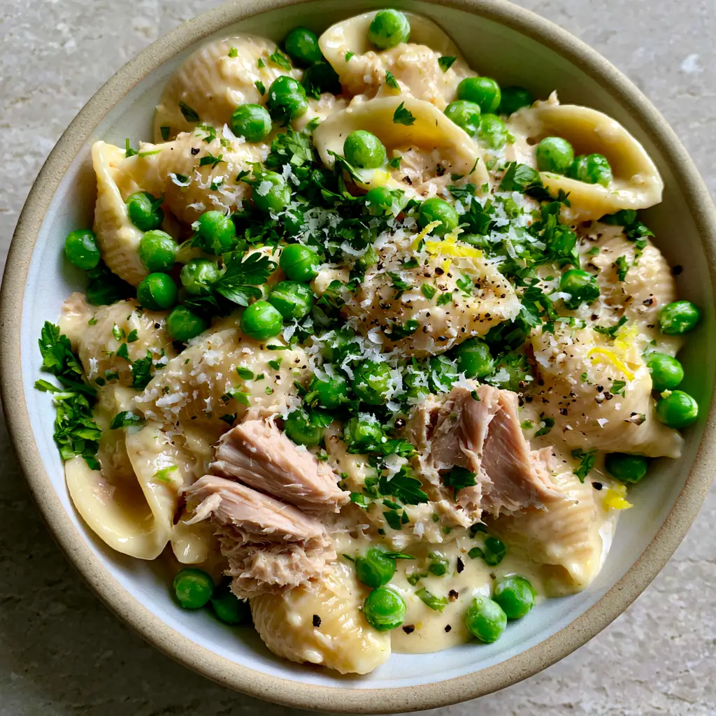 Creamy Parmesan Tuna Pasta with Lemon and Bright Peas 1 Top-down view of Creamy Parmesan tuna pasta showing large tuna flakes and bright green steamed peas in a ceramic bowl.