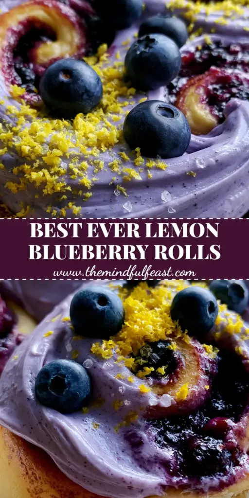 Blueberry Cinnamon Rolls with Lavender Cream Cheese Frosting 4 A macro top-down view of six oversized blueberry cinnamon rolls in a ceramic dish, covered in lavender icing and lemon zest. (blueberry cinnamon rolls)