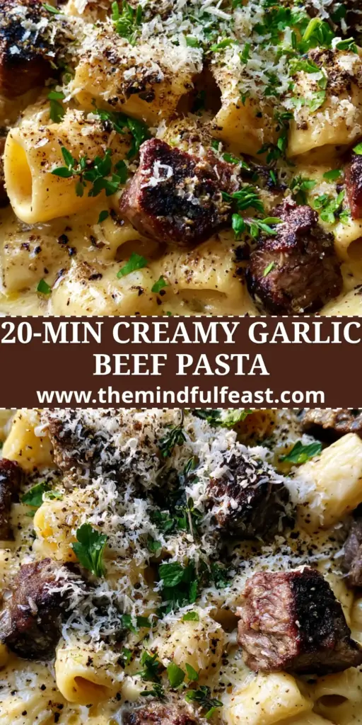 A close-up overhead shot of creamy Garlic Beef Pasta in a rustic dark grey bowl with charred steak cubes and parmesan.
