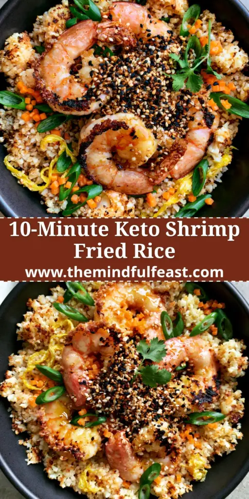 Cauliflower Shrimp Fried Rice: The Ultimate Crispy Low-Carb Meal 4 A top-down view of Cauliflower Shrimp Fried Rice in a black bowl with charred grains and jumbo shrimp.
