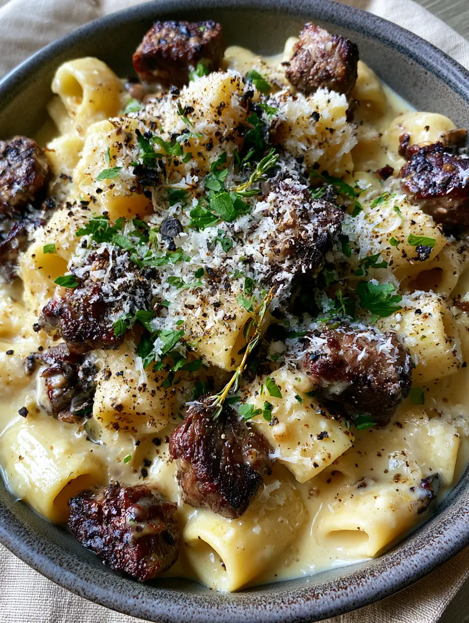 Smartphone photo of Garlic Beef Pasta showing glistening butter droplets and charred steak edges on rigatoni.