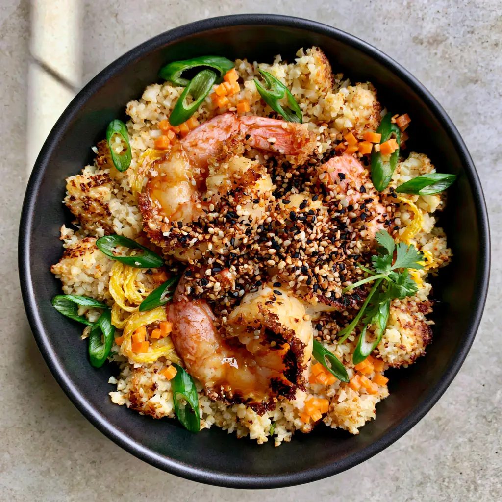 Cauliflower Shrimp Fried Rice: The Ultimate Crispy Low-Carb Meal 2 Close-up of dry-seared cauliflower rice grains with charred edges and plump shrimp. (Cauliflower Shrimp Fried Rice)