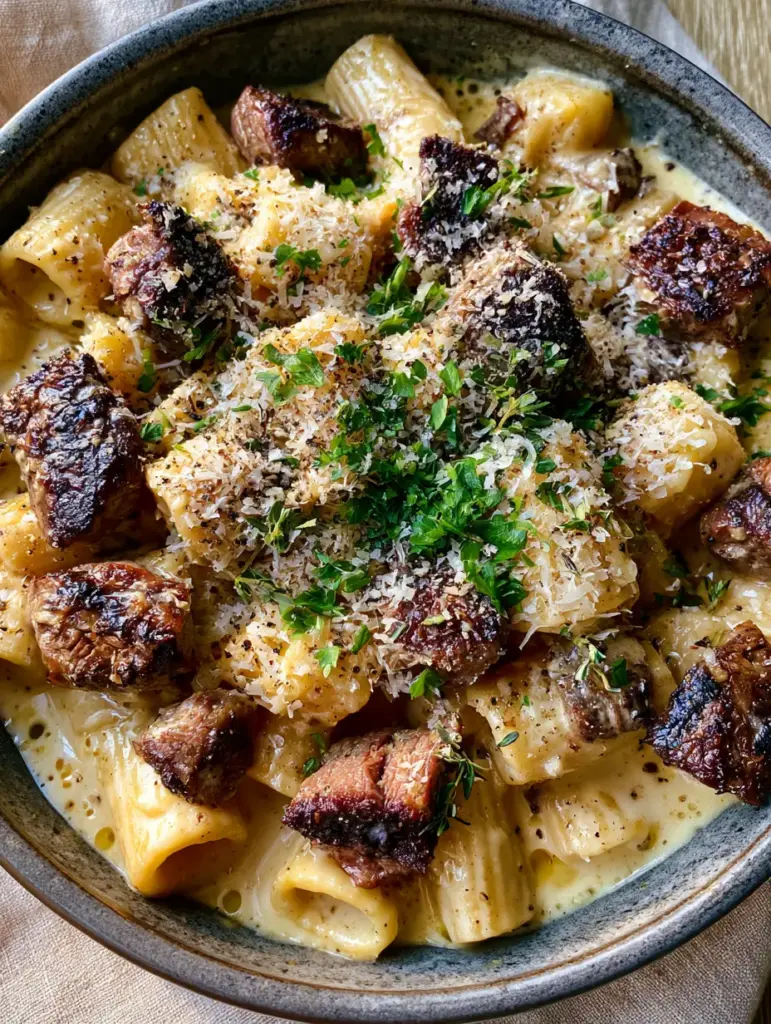Messy-chic plating of Garlic Beef Pasta with a heavy snowfall of parmesan cheese and fresh thyme sprigs.