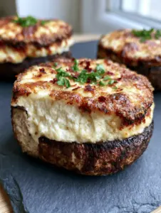 Extreme macro of a roasted cremini mushroom revealing the meaty wall and velvety white cream cheese center. (stuffed mushrooms recipe)