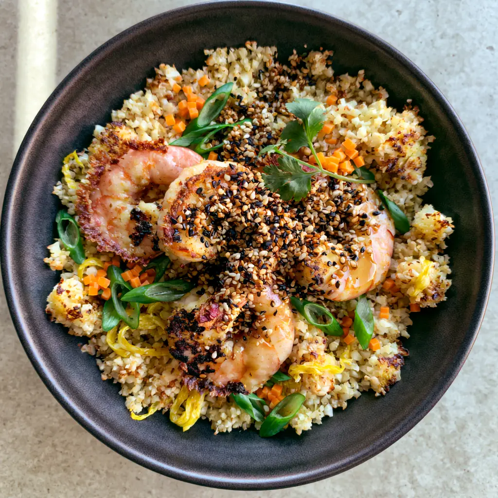 Cauliflower Shrimp Fried Rice: The Ultimate Crispy Low-Carb Meal 1 A matte black bowl of Cauliflower Shrimp Fried Rice garnished with cilantro and sesame seeds on a concrete surface.