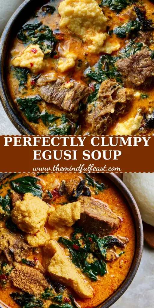Nigerian Soups: The Ultimate Guide to Hearty Egusi with Pounded Yam 4 A high-angle photo showing a bowl of thick Nigerian Egusi soup with melon seed clumps and a side of white pounded yam. (Nigerian soups)