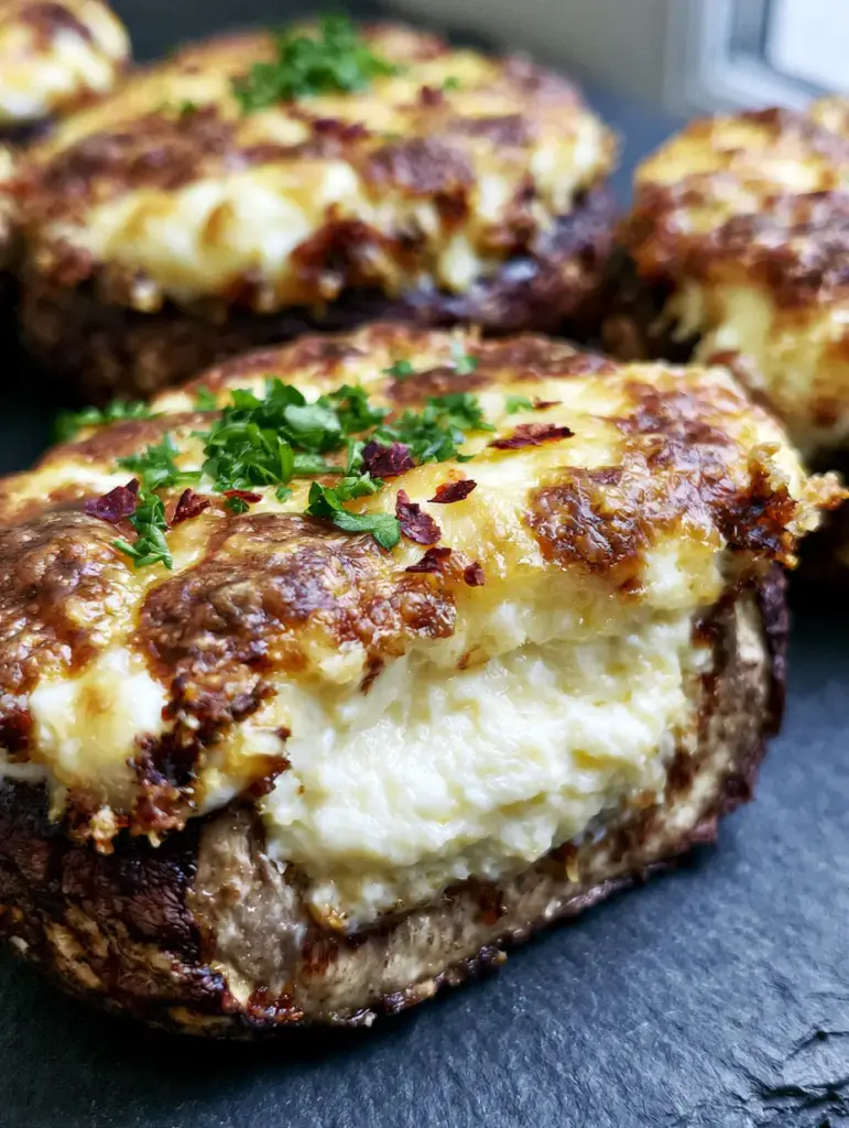 Stuffed Mushrooms Recipe: The Ultimate Cheesy Roasted Cremini Appetizer 1 Top view of a stuffed mushroom with toasted golden mozzarella and bubbly parmesan cheese edges. (stuffed mushrooms recipe)