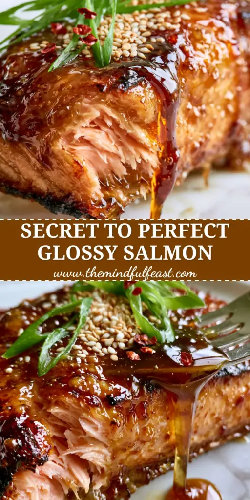 A close-up vertical shot of honey garlic glazed salmon with sesame seeds and scallions, showcasing the perfect salmon marinade.