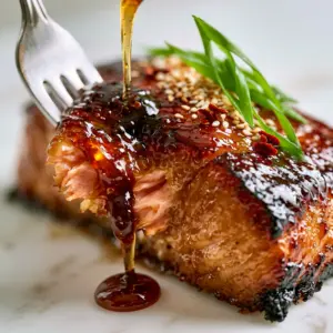 Extreme macro close-up of thick Atlantic salmon flaky layers being lifted by a fork with honey garlic salmon marinade glaze.