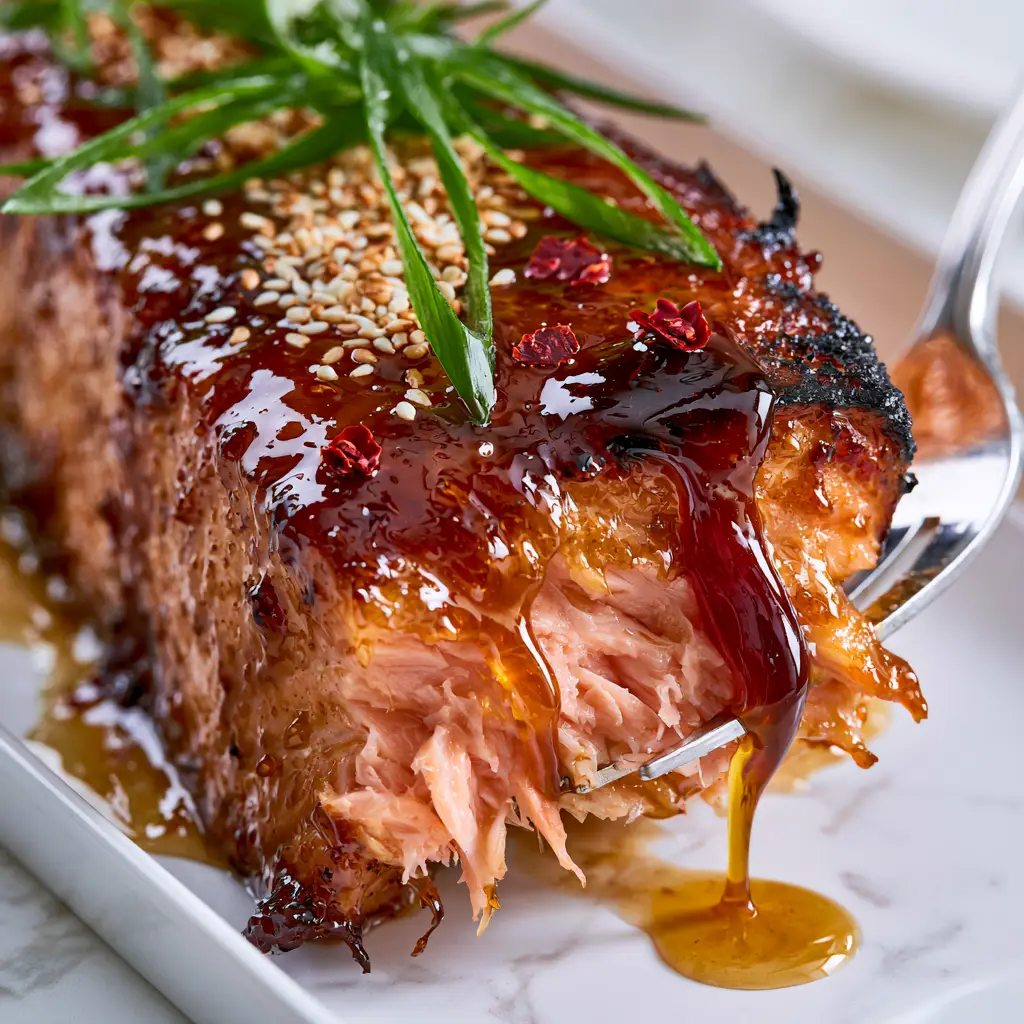 Macro view of a syrupy dark golden honey garlic sauce mid-drip over seared salmon with scallions and sesame seeds.