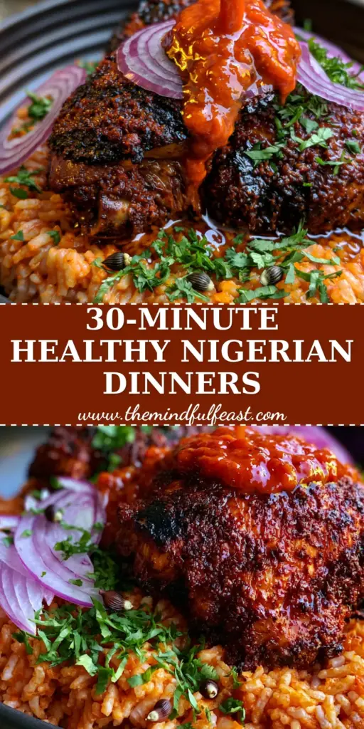 A vibrant matte black bowl of smoky Nigerian Jollof rice topped with charred Suya chicken thighs and red onion rings. (Nigerian recipes)