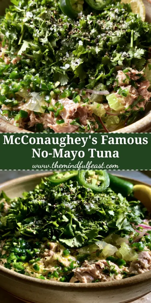 Matthew McConaughey Tuna Salad: The Rugged, Mayo-Free Power Lunch 3 A rustic ceramic bowl featuring a Matthew McConaughey tuna salad with meaty albacore, jalapeno rounds, and lemon-infused oil on a stone countertop.
