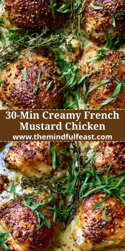 French Mustard Chicken with Creamy Dijon and Fresh Tarragon 4 Pan-seared French Mustard Chicken in a copper skillet with creamy Dijon sauce and fresh tarragon leaves.