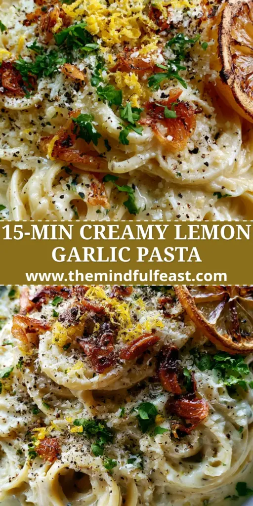 Lemon Pasta with Silky Butter Cream Sauce and Golden Garlic Chips 4 A top-down shot of lemon pasta with golden garlic chips, charred lemon slices, and fresh parsley on a white ceramic plate.