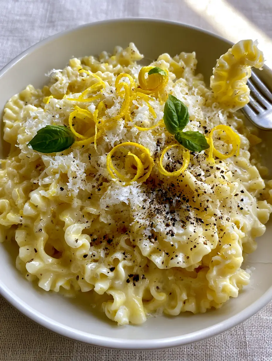 Mafaldine Pasta Limone with Glossy Cream Sauce and Fresh Basil 3 High-angle shot of ruffled mafaldine pasta coated in pale yellow lemon cream sauce with fluffy parmesan. (Mafaldine Pasta Limone)