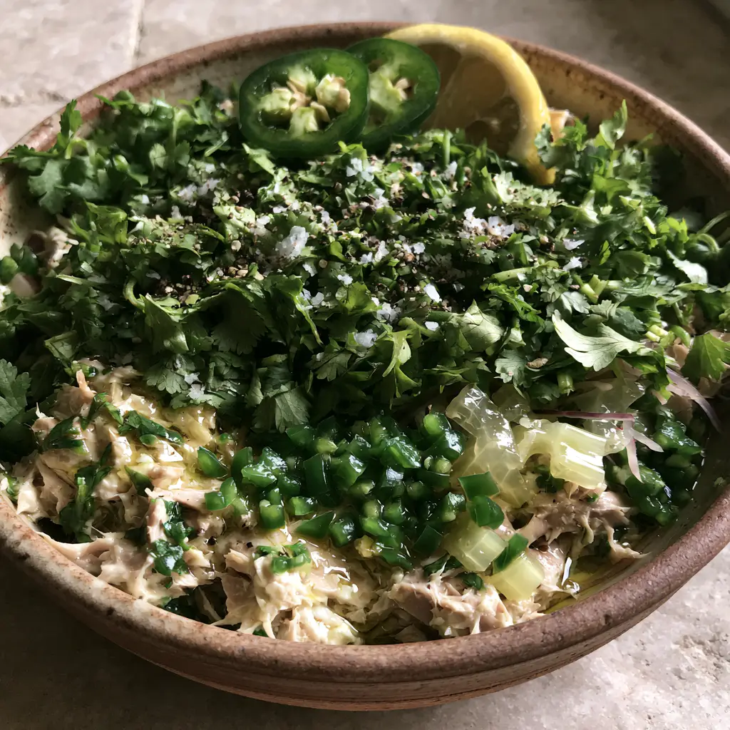 Matthew McConaughey Tuna Salad: The Rugged, Mayo-Free Power Lunch 2 A handheld smartphone photo of a vibrant Matthew McConaughey tuna salad with emerald jalapenos and fresh cilantro.