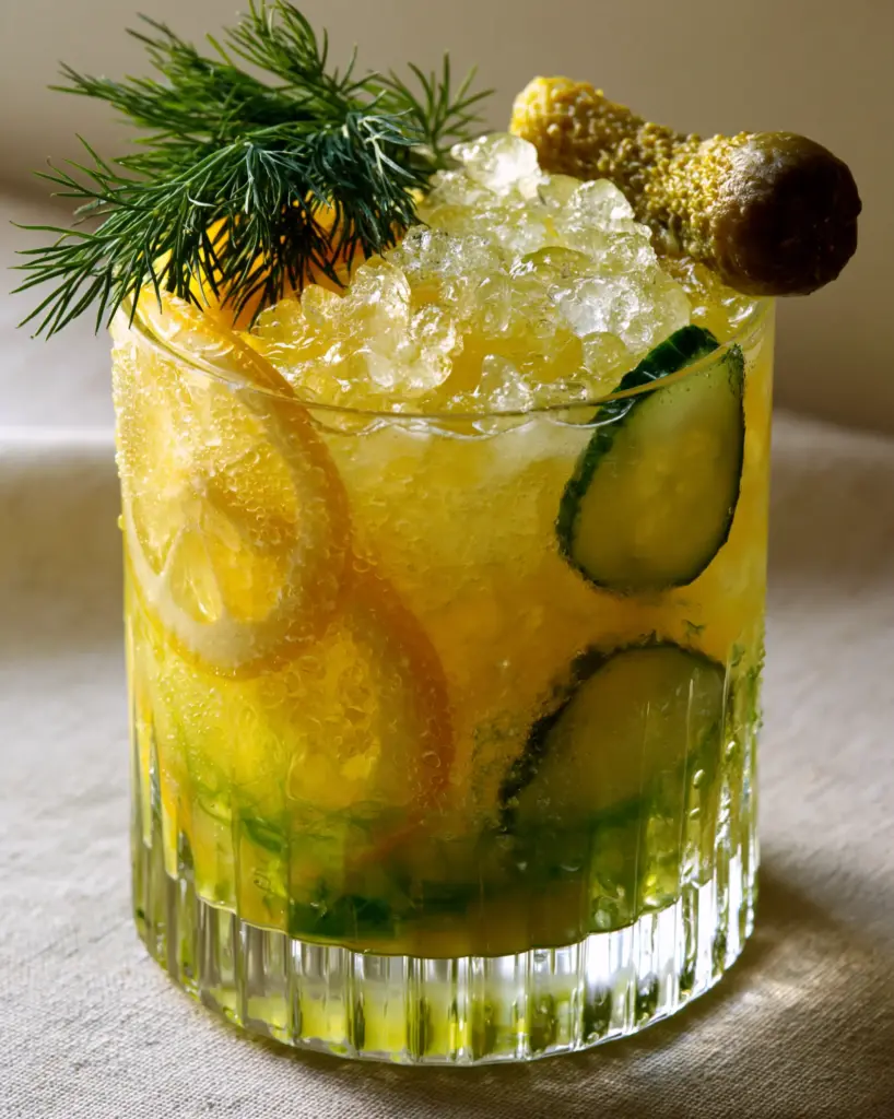 Close-up of the dill sprig and gherkin garnish on a Pickle Lemonade with condensation droplets.