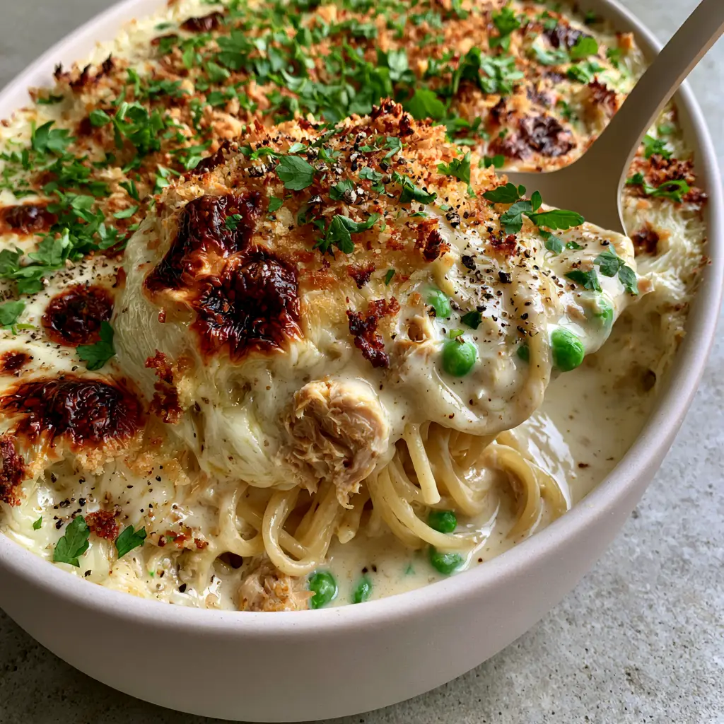 Tuna Tetrazzini with a Toasted Parmesan Panko Crust 2 High-angle photo of Tuna Tetrazzini in a ceramic dish with blistered mozzarella and panko crust.