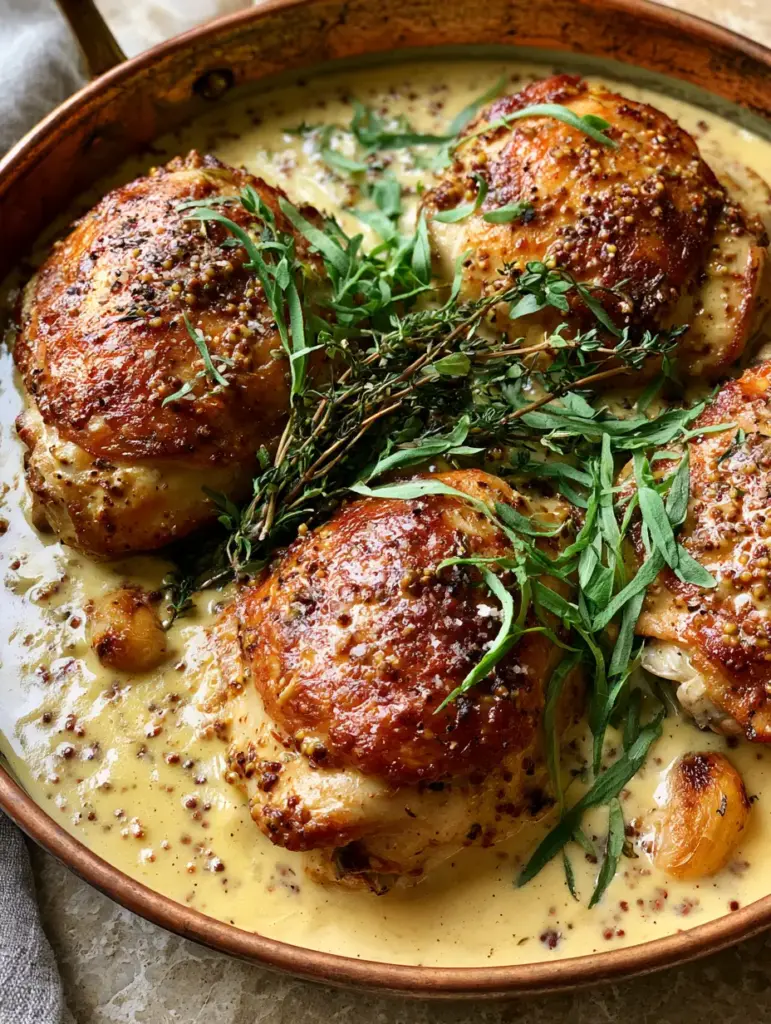 French Mustard Chicken with Creamy Dijon and Fresh Tarragon 2 A close-up 45-degree shot of golden-brown French Mustard Chicken thighs in a glossy pale-yellow sauce.