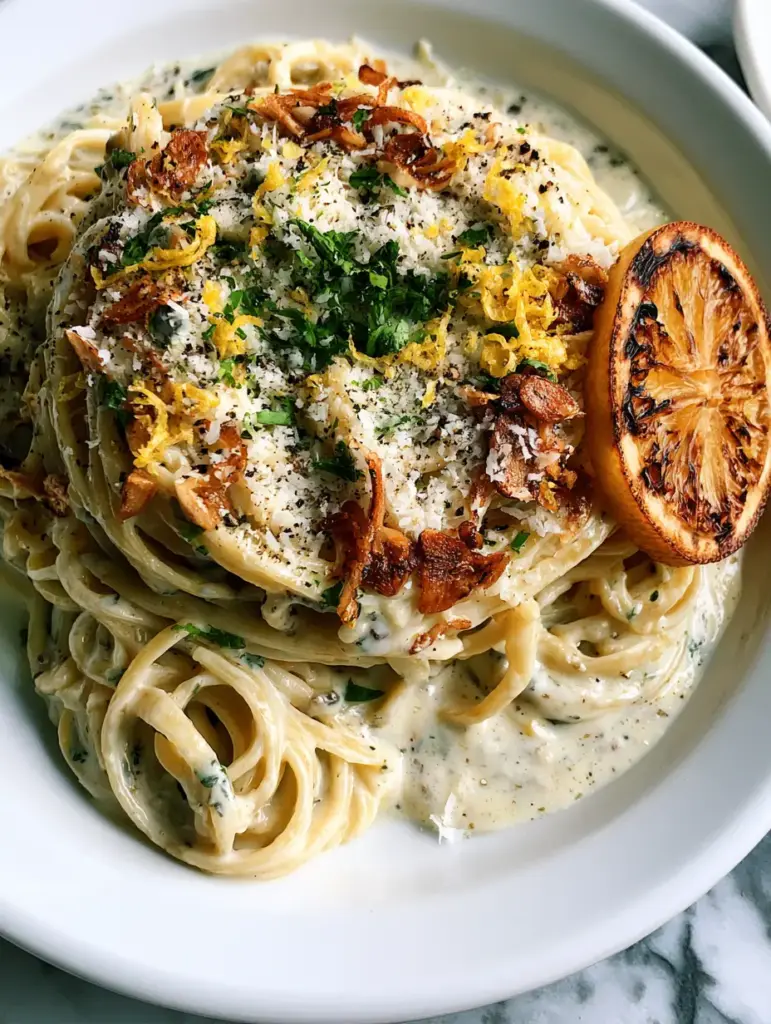 Lemon Pasta with Silky Butter Cream Sauce and Golden Garlic Chips 2 Close-up of silky linguine swirls drenched in a thick lemon cream butter sauce with micro-planed zest. (lemon pasta)