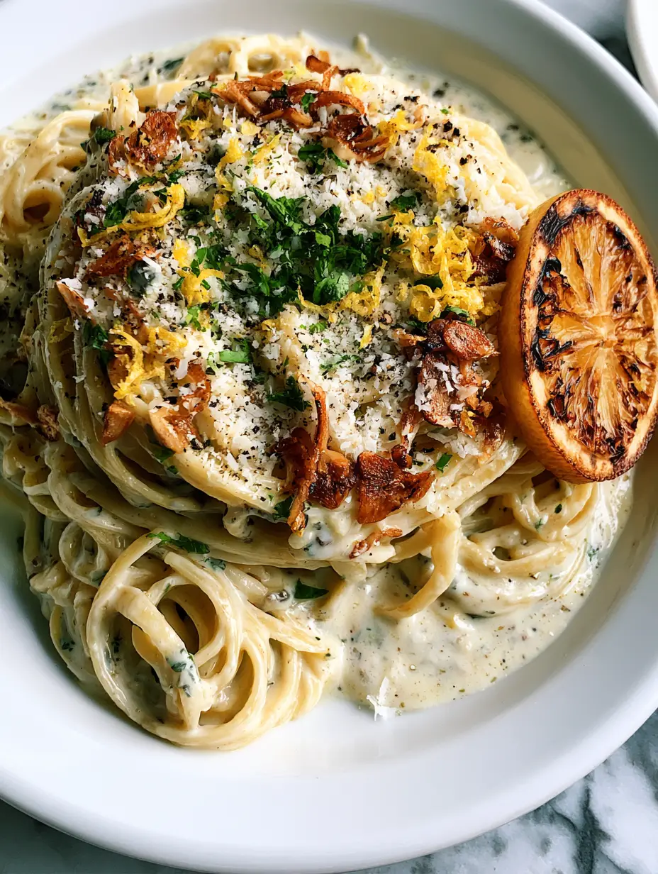 Lemon Pasta with Silky Butter Cream Sauce and Golden Garlic Chips 3 Close-up of silky linguine swirls drenched in a thick lemon cream butter sauce with micro-planed zest. (lemon pasta)