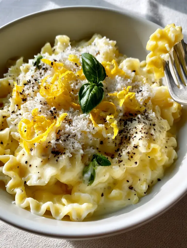 Mafaldine Pasta Limone with Glossy Cream Sauce and Fresh Basil 1 A silver fork lifting a single ribbon of Mafaldine Pasta Limone showing the velvety cream texture.