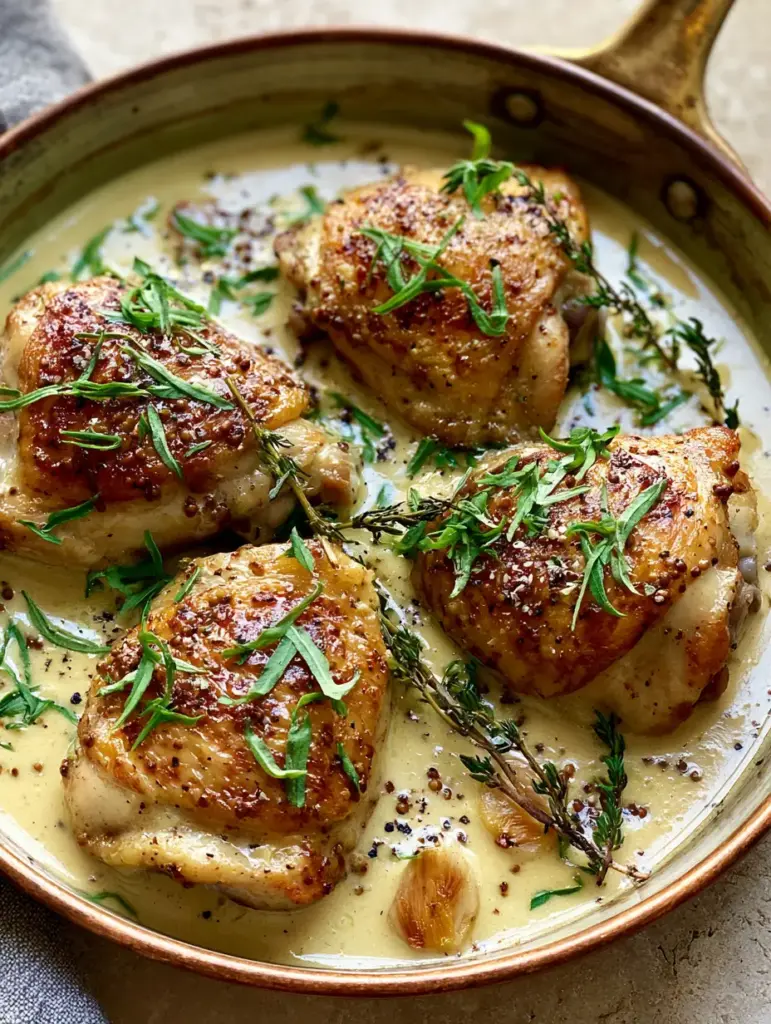 French Mustard Chicken with Creamy Dijon and Fresh Tarragon 1 Creamy French Mustard Chicken garnished with fresh tarragon and whole grain mustard seeds in a skillet.