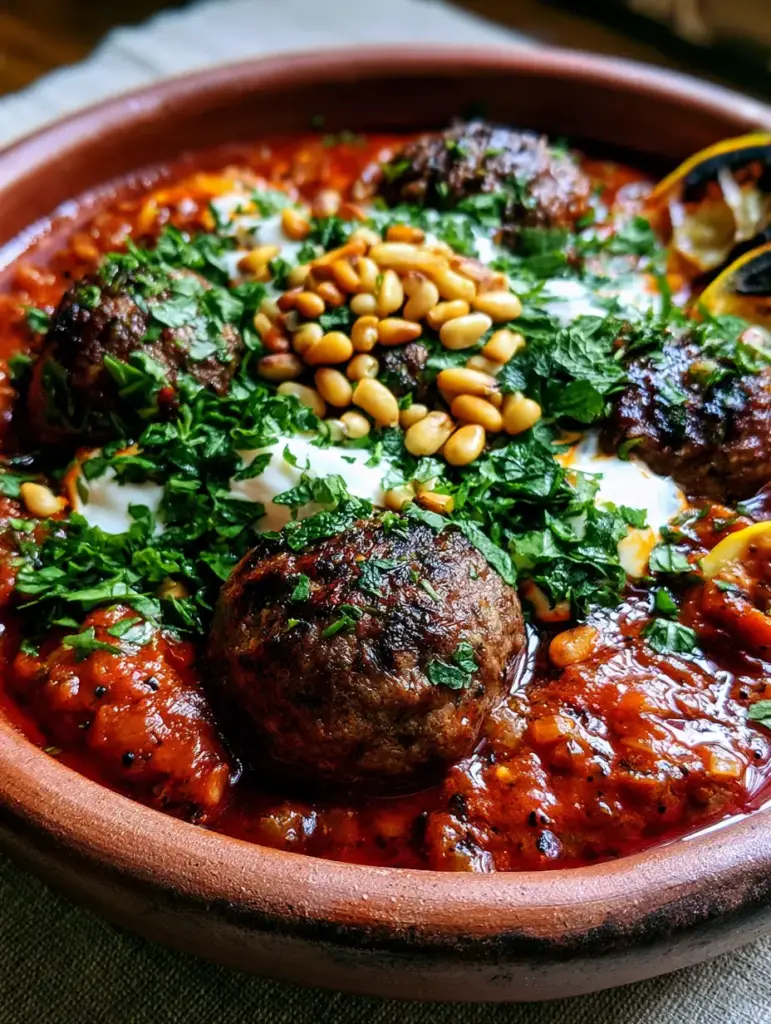 Moroccan Meatballs: The Ultimate Harissa Tagine Recipe 2 Close-up of juicy Moroccan meatballs with visible char marks and simmering red harissa sauce. (Moroccan meatballs)