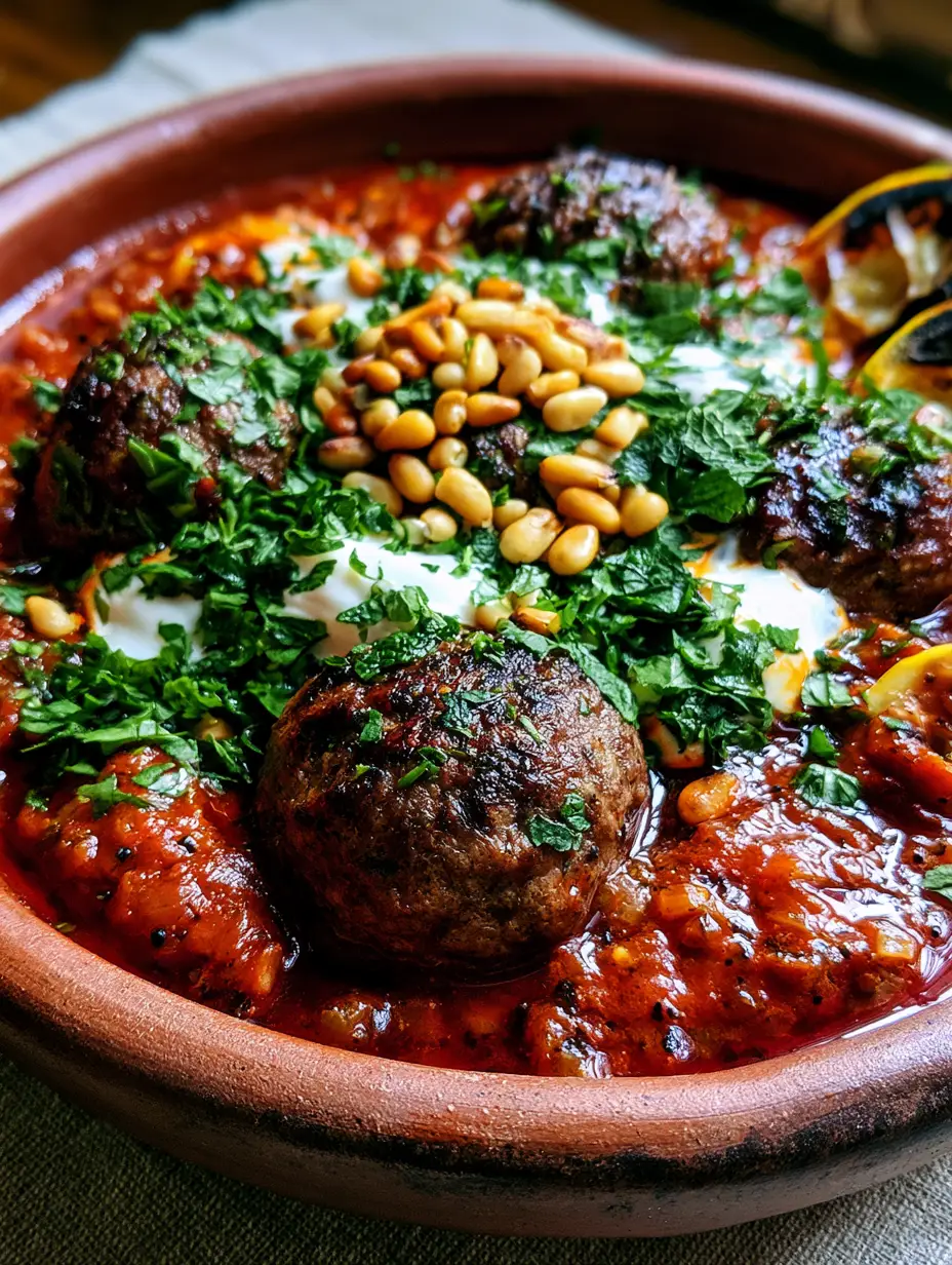 Moroccan Meatballs: The Ultimate Harissa Tagine Recipe 3 Close-up of juicy Moroccan meatballs with visible char marks and simmering red harissa sauce. (Moroccan meatballs)
