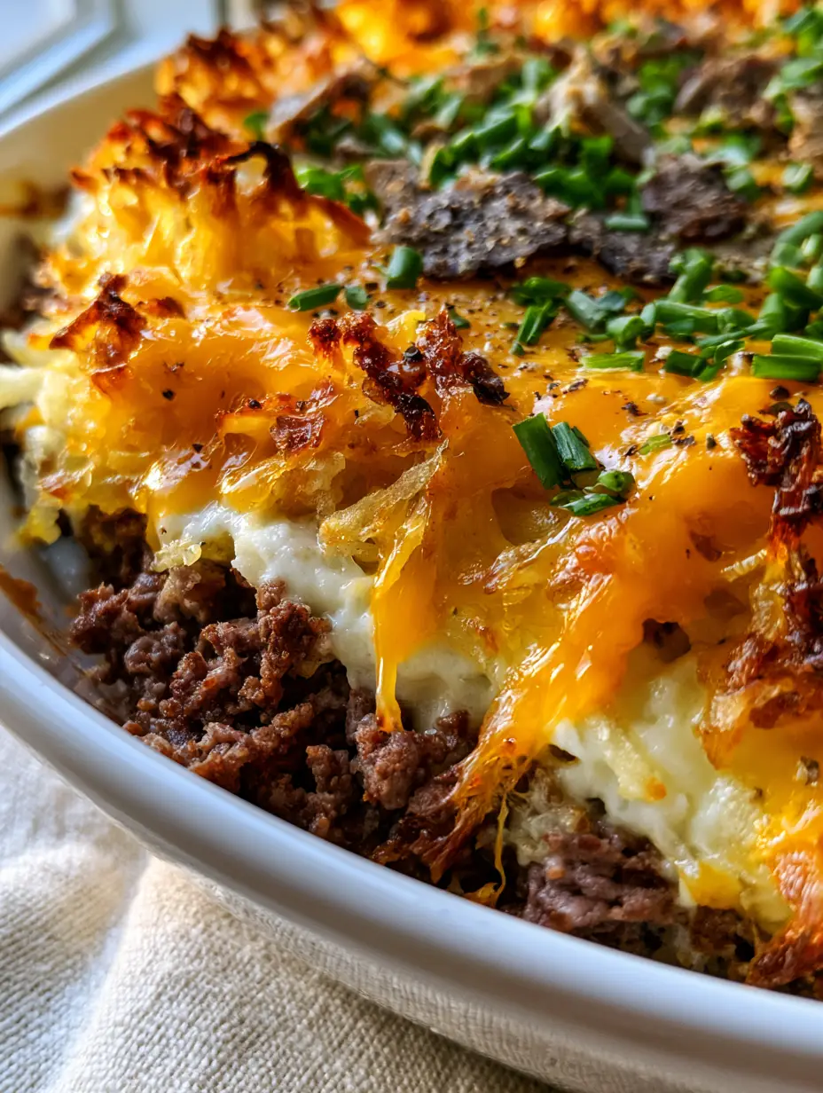Beef and Hashbrown Casserole: The Ultimate Crispy, Cheesy Comfort Food 3 Extreme macro close-up of beef and hashbrown casserole showing the bubbling sharp cheddar and golden-brown potato edges.
