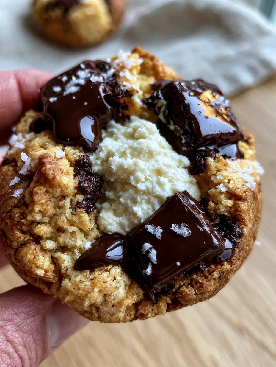 Macro shot of cheesecake stuffed chocolate chip cookies showing craggy textures and glossy melted dark chocolate pools.