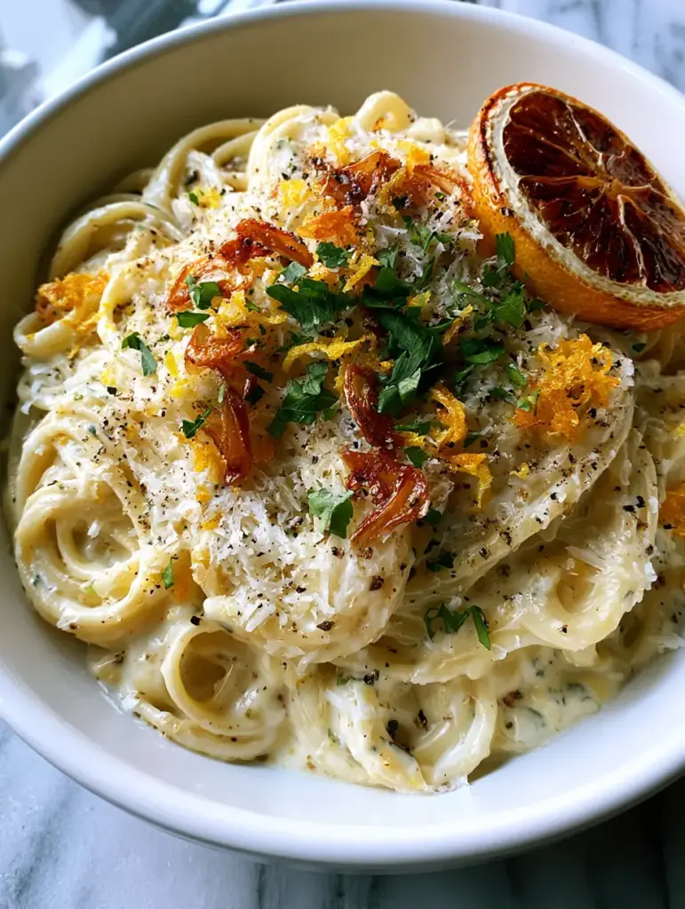 Lemon Pasta with Silky Butter Cream Sauce and Golden Garlic Chips 1 A plate of lemon pasta topped with a heavy dusting of parmesan cheese and golden-brown pan-seared garlic chips.
