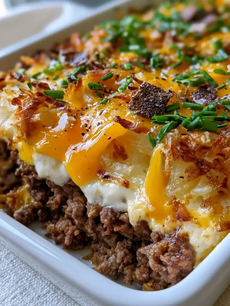 Beef and Hashbrown Casserole: The Ultimate Crispy, Cheesy Comfort Food 1 A side view of a serving of beef and hashbrown casserole in a white dish, highlighting the white cream sauce layer.