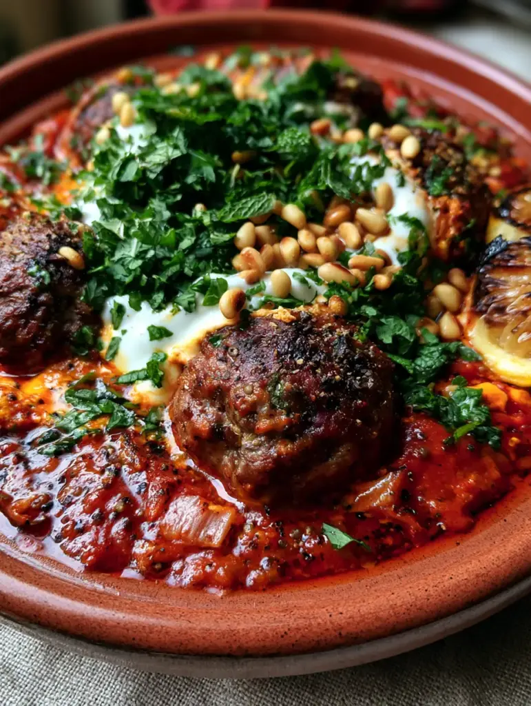 Moroccan Meatballs: The Ultimate Harissa Tagine Recipe 1 Traditional terracotta pot filled with Moroccan meatballs, herbs, and toasted pine nuts on a linen tablecloth.