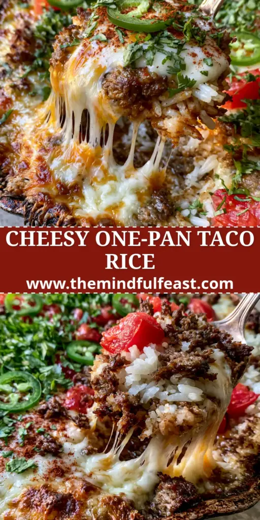 Taco Rice Casserole with Gooey Melted Cheese and Seasoned Beef 4 A bubbling taco rice casserole in a cast iron skillet with a dramatic cheese pull and fresh jalapeño garnishes.