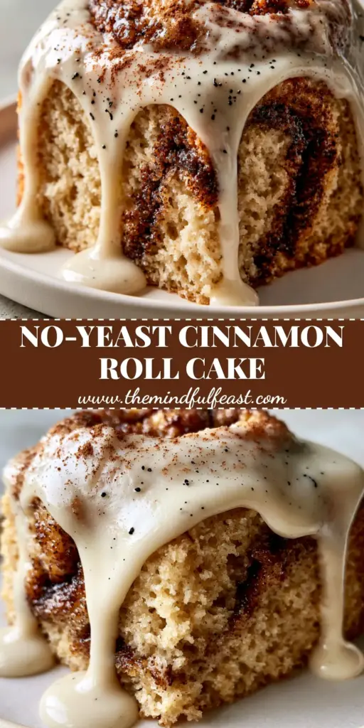 Cinnamon Roll Cake with Thick Vanilla Bean Cream Cheese Glaze 4 A close-up vertical shot of a warm cinnamon roll cake slice with thick ivory glaze and visible vanilla bean flecks, perfect for pinning.