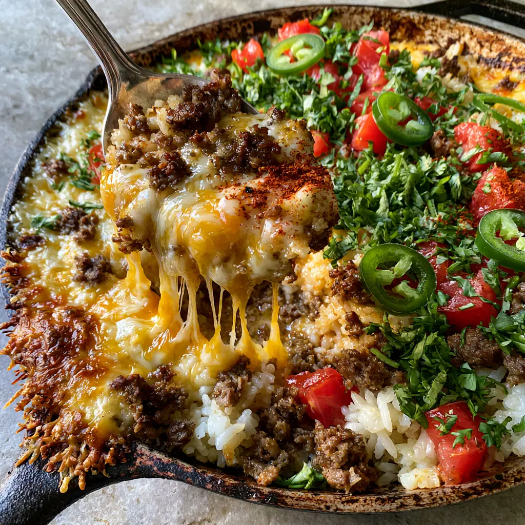 Taco Rice Casserole with Gooey Melted Cheese and Seasoned Beef 2 Overhead POV shot of a taco rice casserole featuring seasoned ground beef, melted cheese, and fresh tomatoes in a cast iron pan.