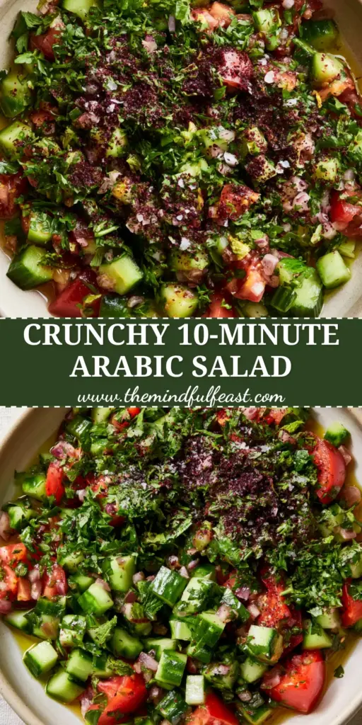 Arabic Salad: The Ultimate Vibrant Middle Eastern Chopped Salad Recipe 4 A top-down close-up of a vibrant Arabic salad with diced cucumbers, Roma tomatoes, and a dusting of purple sumac in a cream bowl.