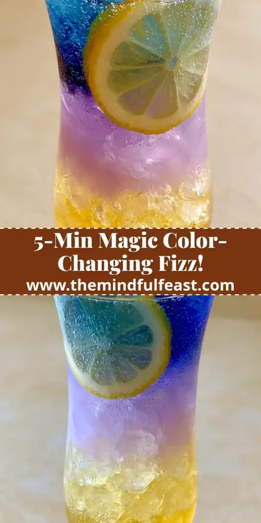 Honey Lemon Butterfly Fizz: A Mesmerizing Layered Summer Mocktail 4 A tall fluted glass showcasing the Honey Lemon Butterfly Fizz with distinct golden, purple, and blue layers, garnished with mint and a honey drizzle.