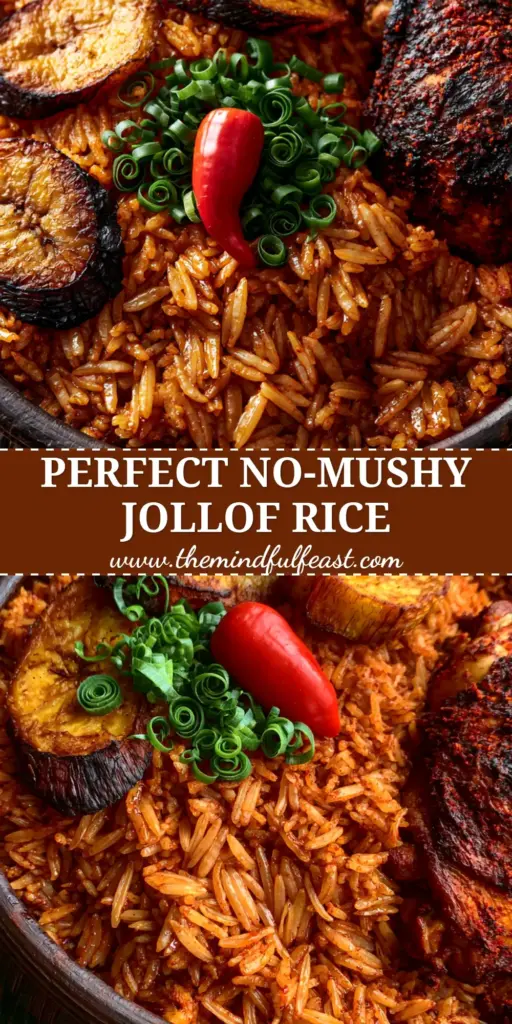 Ghanaian Jollof Rice: The Ultimate Guide to Perfectly Fluffy Grains and Smoky Flavor 4 A stunning Asanka bowl filled with authentic Ghanaian jollof rice, glistening grains, caramelized plantains, and charred chicken.