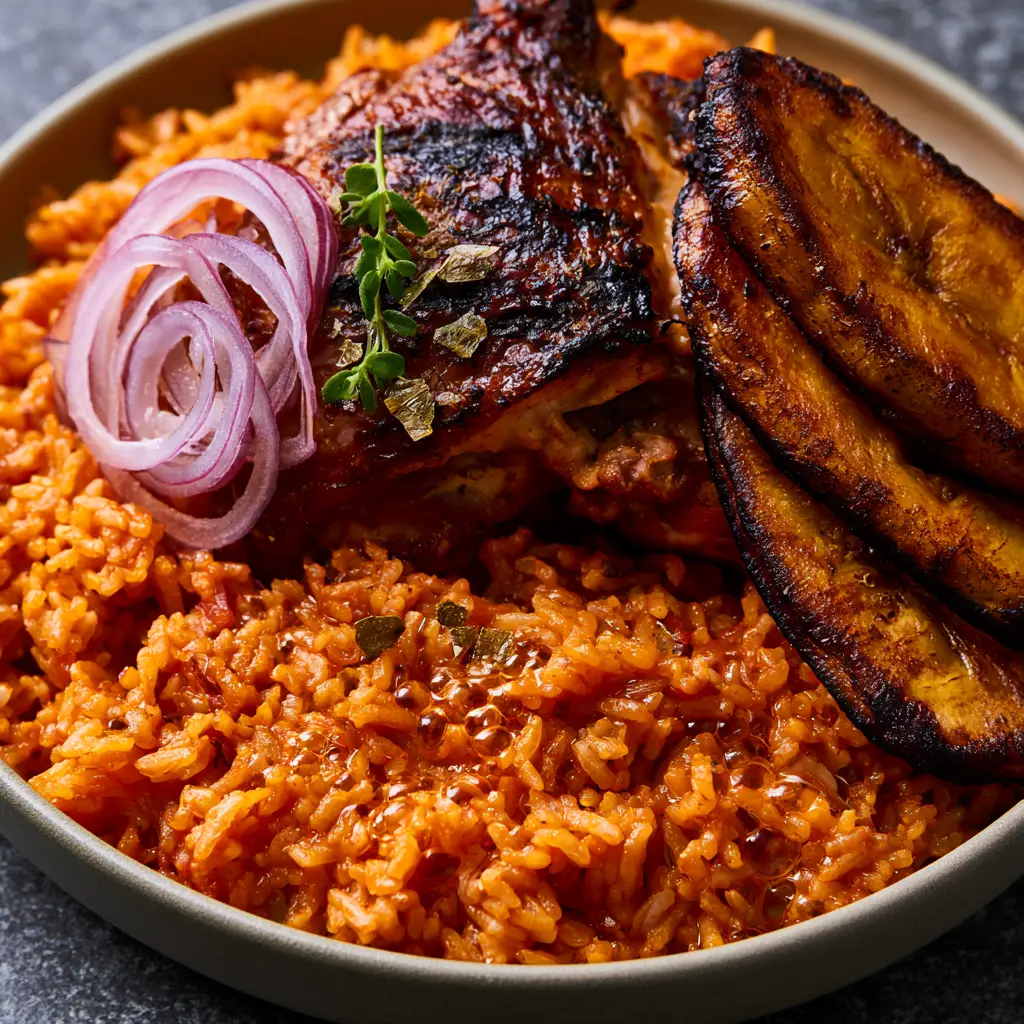 Succulent chicken with charred skin and caramelized plantains served over spicy rice.