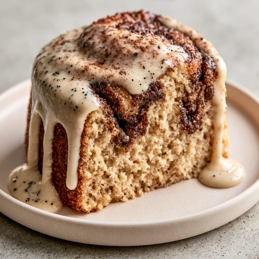Cinnamon Roll Cake with Thick Vanilla Bean Cream Cheese Glaze 2 Eye-level macro shot of a single warm slice of cinnamon roll cake showing aerated crumb and caramelized sugar swirls on a cream plate.