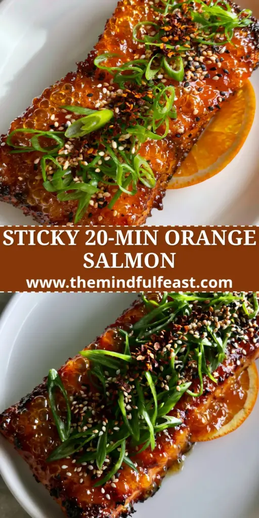 Orange Glazed Salmon with a Sticky Honey Citrus Glaze 3 Overhead view of a thick orange glazed salmon fillet with charred edges, garnished with black and white sesame seeds, green onions, and a fresh orange slice on a white plate. (orange glazed salmon)