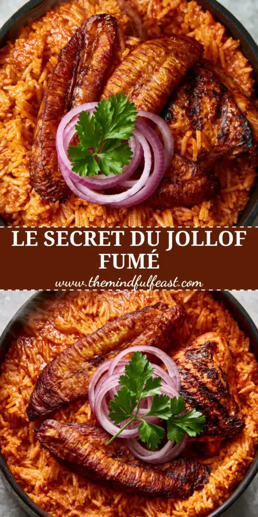 Riz Jollof Nigérian: The Ultimate Authentic Smokey Party Rice Guide 4 A top-down view of authentic Riz Jollof Nigérian in a black pot with charred chicken and caramelized plantains.