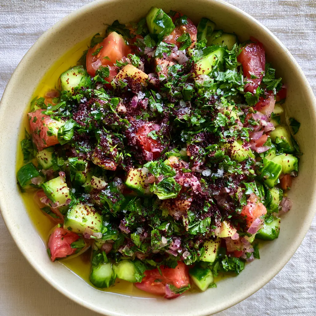 Arabic Salad: The Ultimate Vibrant Middle Eastern Chopped Salad Recipe 2 A high-angle shot showing the sharp textures and precisely diced vegetables of an Arabic salad.