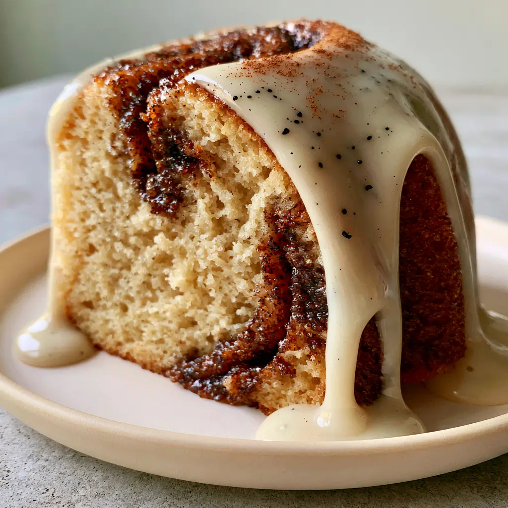 Cinnamon Roll Cake with Thick Vanilla Bean Cream Cheese Glaze 1 A slice of cinnamon roll cake with glossy cream cheese glaze pooling on a minimal matte ceramic plate, side lighting.
